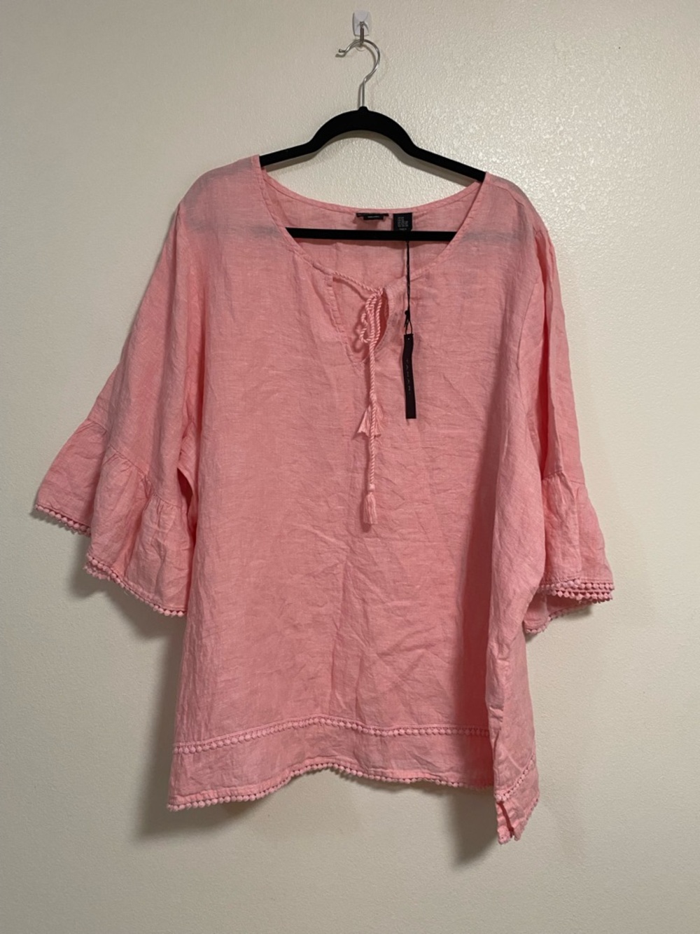 Tahari Tunic Women’s Size 3X Pink 100% Linen Blouse Bell sleeve Cuff NWT